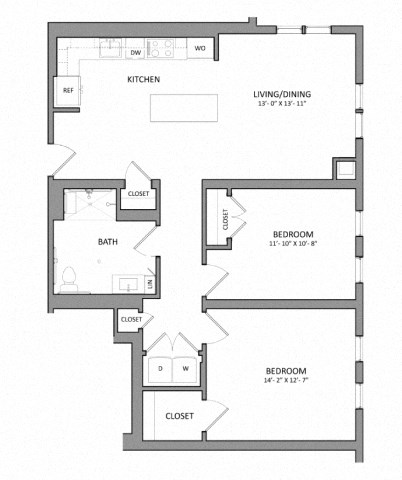 Floor plan for 2 beds, 1 bath, 1033 sqft